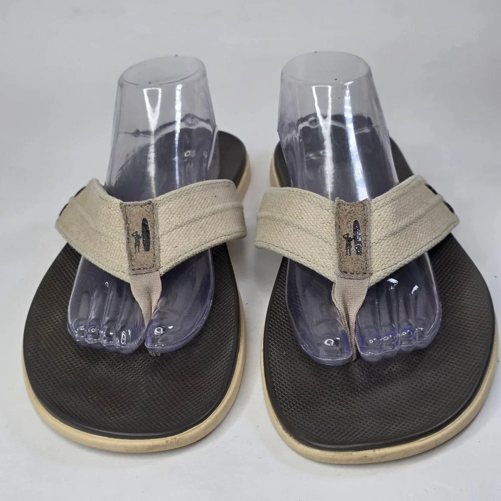 Johnnie-O Portside Mens Khaki Tan Brown Textile Flip Flop Sandals Size 13 M Shoe